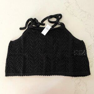 Gap Organic Cotton Crochet Shoulder Tie Crop Top Black NWT